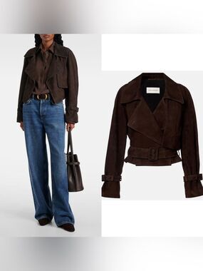 Nour Hammour Hatti Cropped Suede Jacket in chocolate brown